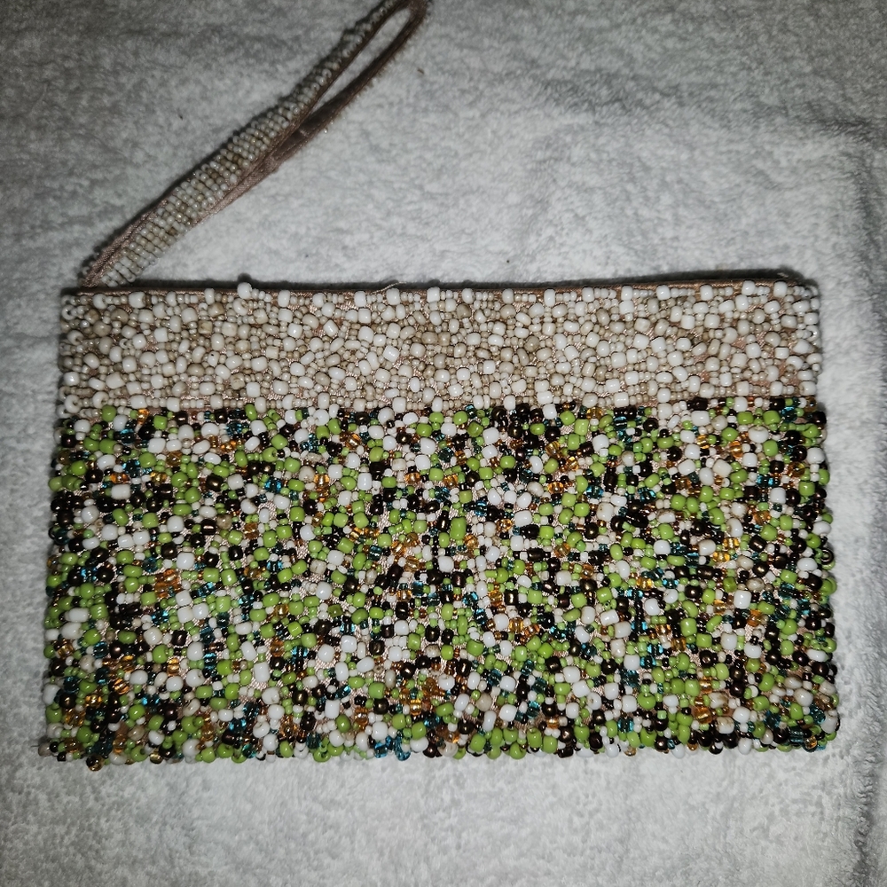 Source Unknown Beaded Green and White Clutch